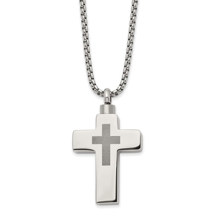 Stainless Steel Polished Lasered Cross Ash Holder 24in Necklace ,