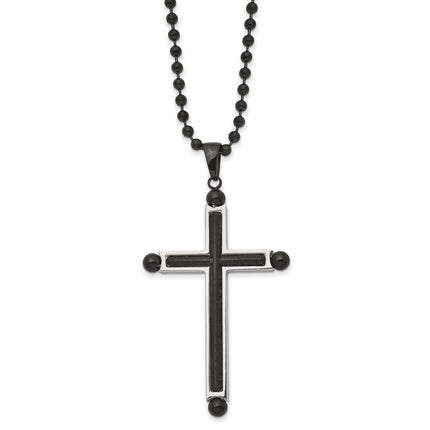 Stainless Steel Textured and Polished Black IP-plated 24in Cross Necklace ,