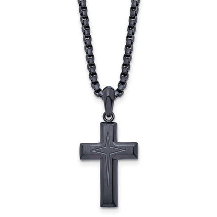 Stainless Steel Brushed and Polished Dark Grey IP 24in Cross Necklace ,
