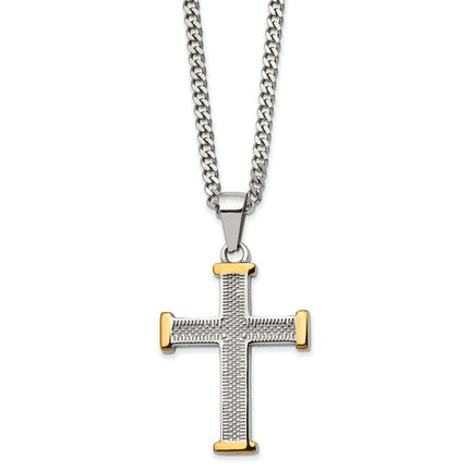 Stainless Steel Textured & Polished Yellow IP-plated Cross 22in Necklace ,