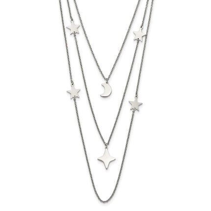 Stainless Steel Polished Stars & Moon Multi Strand w/1.75in ext Necklace ,