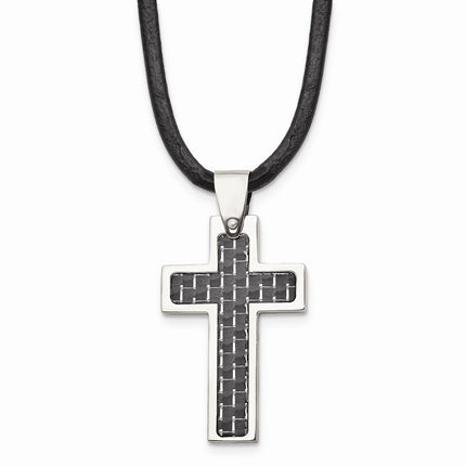 Stainless Steel Black Carbon Fiber Inlay Cross 18in Leather Cord Necklace ,