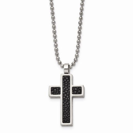 Stainless Steel Black Stingray Leather Cross Pendant 24in Necklace ,