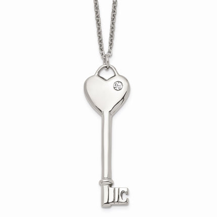 Stainless Steel Heart with CZ Key Pendant Necklace ,