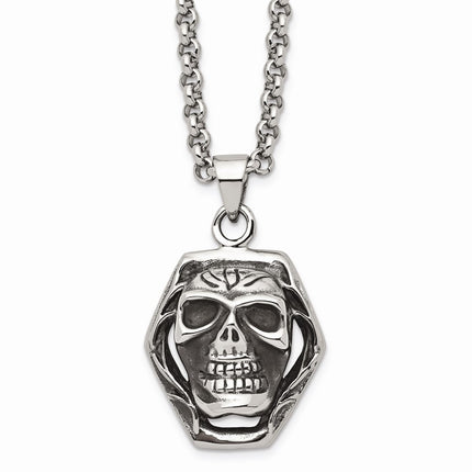 Stainless Steel Antiqued Skull Pendant 24in Necklace ,