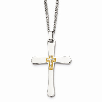 Stainless Steel 14k Accent w/ Diamonds Cross Necklace ,