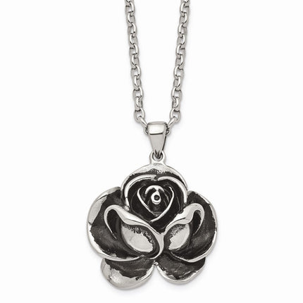 Stainless Steel Antiqued Flower Pendant Necklace ,