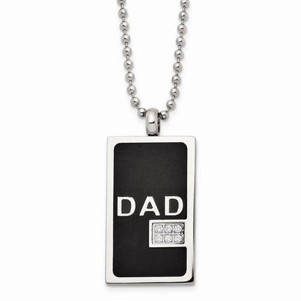 Stainless Steel Black-plated & CZ Dad Dog Tag Necklace ,