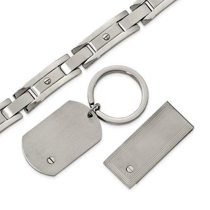 Stainless Steel Brushed and Polished Bracelet, Money Clip and Key Ring Set ,