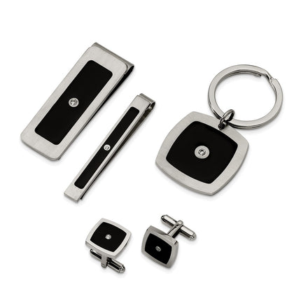 Stainless Steel Black Enamel & CZ 4-piece Boxed Set ,