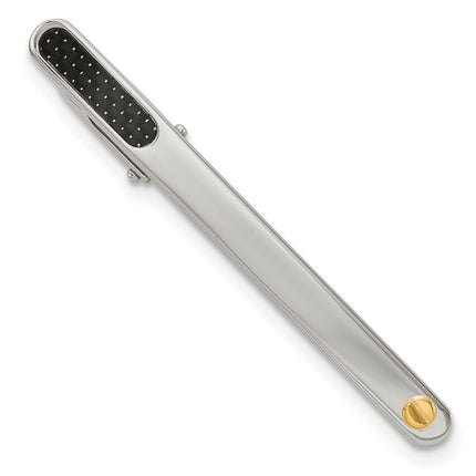 Stainless Steel Polished w/Black Carbon Fiber Inlay & 18k Accent Tie Bar ,