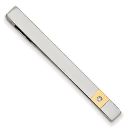 Stainless Steel Yellow IP-plated Diamond Accent Tie Bar ,