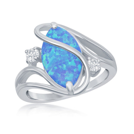 Sterling Silver Blue Inlay Opal Oval Twist With CZ Ring ,