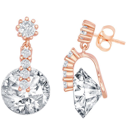 Classic Women's Earrings - Rose Gold Plated Round Shape Spinning White CZ | D-7628-RG ,