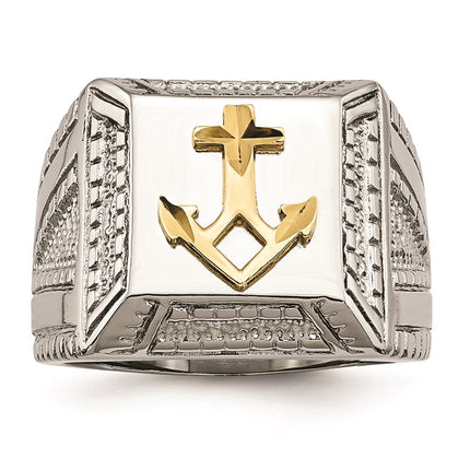 Stainless Steel Polished Yellow IP-plated w/ Sterling Silver Anchor Ring | SR471 ,