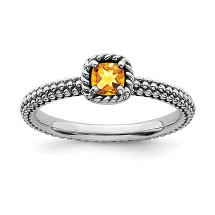 Sterling Silver Stackable Expressions Checker-cut Citrine Antiqued Ring | QSK824 ,