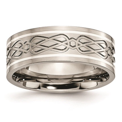 Titanium Sterling Silver Inlay Celtic Knot Flat 8mm Polished Band | TB79 ,