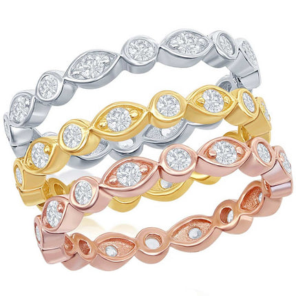 Classic Women's Tri-Color White CZ Band Ring - W-8979 ,