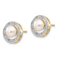14k & Rhodium 5-6mm Button FW Cultured Pearl .05ct Diamond Post Earrings ,