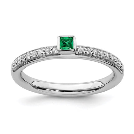 Sterling Silver Stackable Expressions Created Emerald & Diamond Ring | QSK2140 ,