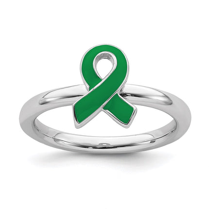 Sterling Silver Stackable Expressions Green Enameled Awareness Ribbon Ring | QSK942 ,