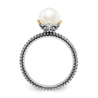 Sterling Silver & 14k Stack Exp. 7.0-7.5mm White FW Cultured Pearl Ring | QSK856 ,