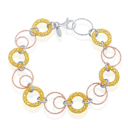 Classic Women's Bracelet - Tri Color Sterling Silver Open Circles Link | S-4796 ,