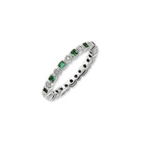 Sterling Silver Stack Exp Polished Created Emerald & Diamond Ring | QSK804 ,