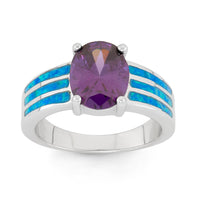 Sterling Silver Blue Inlay Opal with Purple CZ Ring - W-9778 ,