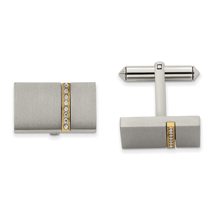 Titanium Brushed Yellow IP-plated CZs Rectangular Cuff Links ,