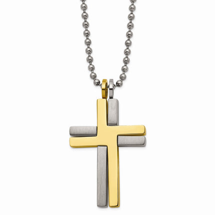 Titanium Brushed & Polished Yellow IP 2-piece Moveable Cross Necklac ,