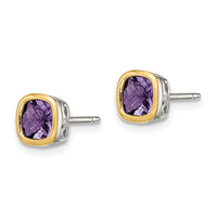 Sterling Silver w/ 14K Accent Amethyst Square Stud Earrings ,
