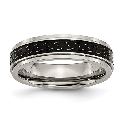Titanium Ridged Edge Black Enamel Braid Design 6mm Polished Band | TB193 ,