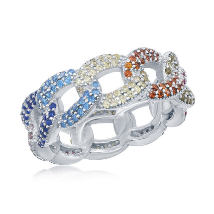 Sterling Silver Multi-Color CZ Cuban Link Ring - W-2443 ,