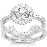 Classic Women's Silver Halo Style CZ Ring Set - W-9899 ,