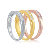 Sterling Silver 3-Band Silver; GP and RoseGP With Clear CZ Ring - W-8977 ,