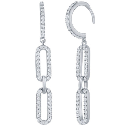 Classic Women's Earrings - Sterling Silver Double Link White CZ Paperclip | D-7816 ,