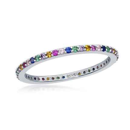 Sterling Silver Rainbow CZ Thin Band Ring - W-2133 ,