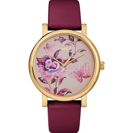 Timex Women's Watch - Full Bloom Pink Floral Dial Burgundy Leather Strap | TW2U19200 ,