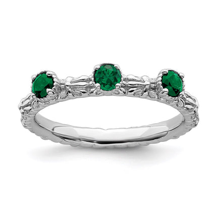 Sterling Silver Stackable Expressions Created Emerald Three Stone Ring | QSK1595 ,