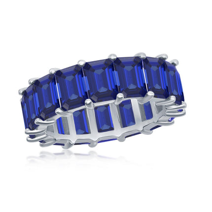 Sterling Silver 6mm Created Sapphire Rectangle Radiant-Cut Eternity Band Ring - W-2324 ,