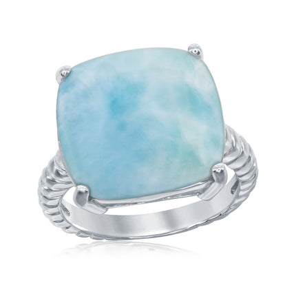 Sterling Silver Rope Design 4 Prong Square Larimar Ring, Size 9 ,