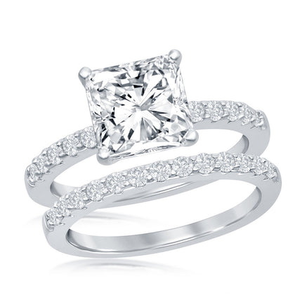 Sterling Silver Princess-Cut Half CZ Band Engagement Ring Set - W-2406 ,