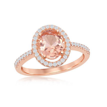 Sterling Silver Rose GP Oval Morganite CZ Ring - W-2078 ,
