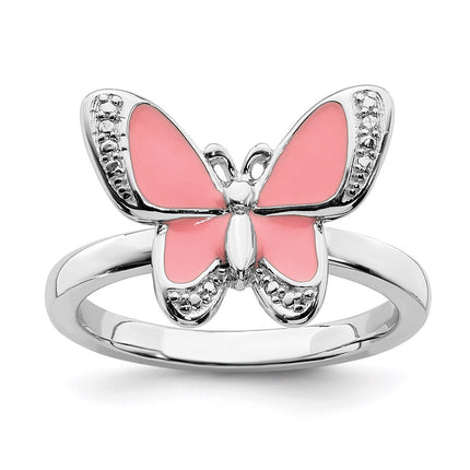 Sterling Silver Stackable Expressions Pink Enamel Butterfly Ring | QSK1543 ,