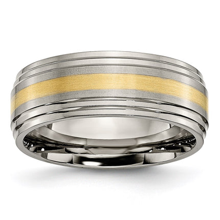 Titanium Ridged Edge 14k Yellow Inlay 8mm Brushed/Polished Band | TB101 ,