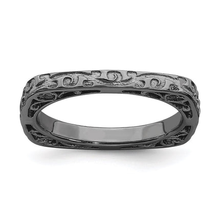 Sterling Silver Stackable Expressions Polished Black-plated Square Ring | QSK752 ,