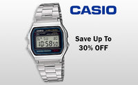 A black dial and steel bracelet Casio watch on a light silver and white background. A Casio logo in the top right, the text reads "Save up to 30% off" ,