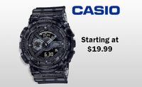 A black Casio watch on a light silver and while background. A Casio logo in the top right, the text reads "Starting at $19.99" ,