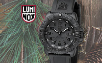 A black Luminox watch on a nature holiday themed background. There is a Luminox logo in the top left. ,